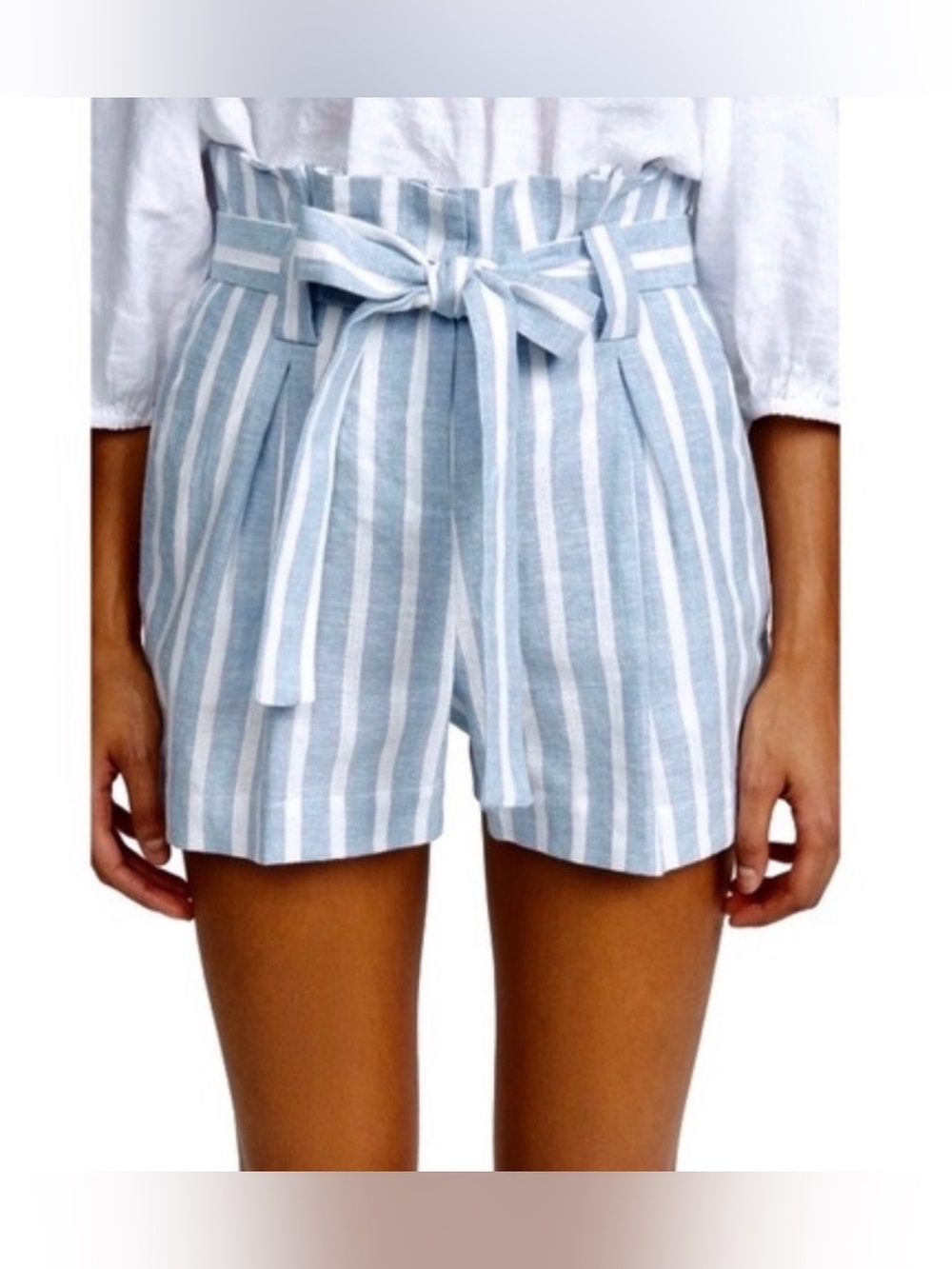 L'AGENCE Blue White Striped Linen Blend Paperbag Waist Shorts Size 0